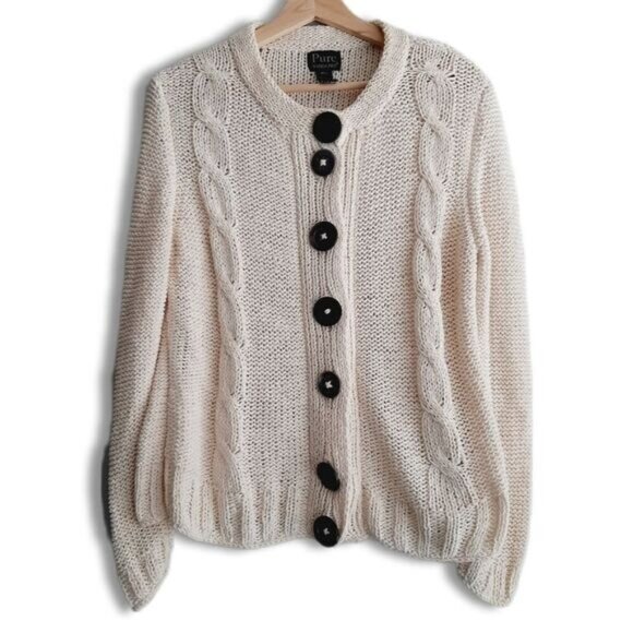 PURE HANDKNIT Chunky Knit Cardigan Sweater Cable Ivory Sz M /L - Picture 1 of 10